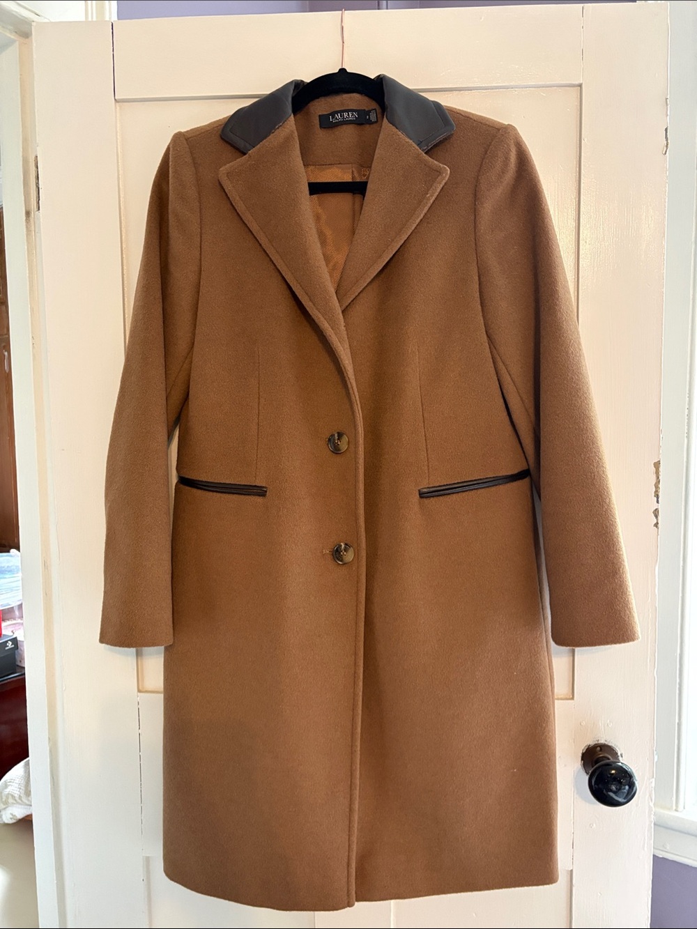Ralph Lauren Camel Pea Coat with Dark Contrast Collar